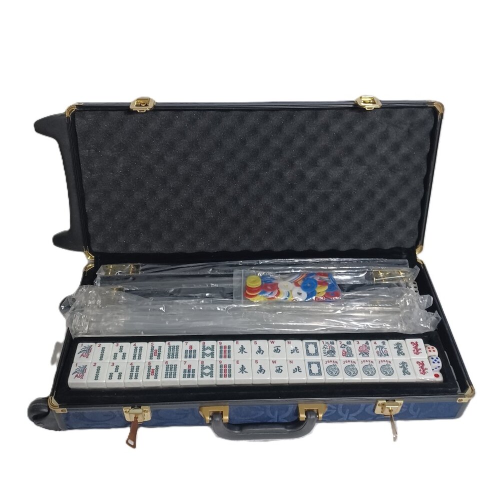 American Mah Jong Set NEW Blue Hard Sided Rolling Luggage Case w/Dbl Lock Close